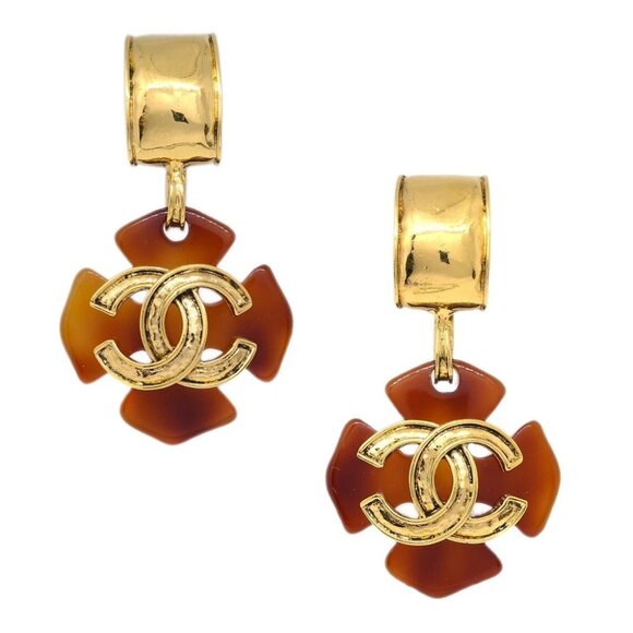 Chanel Clover Dangle Earrings Gold Clip-On 94P - Picture 1 of 4